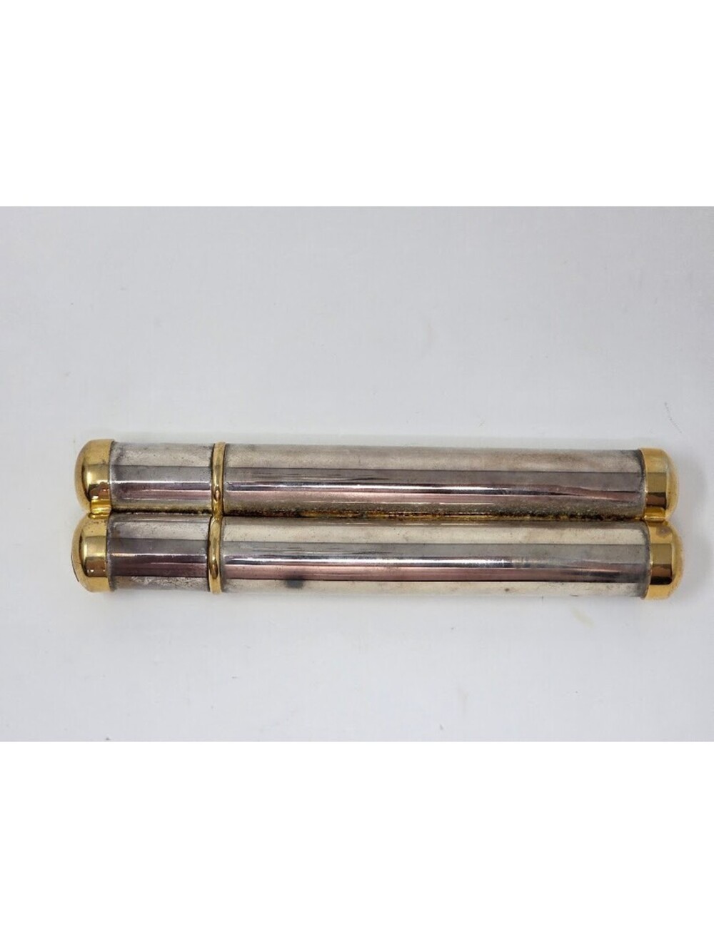 Silver Tone Double Tube Cigar Case With Gold Tone Caps Two Piece Design
